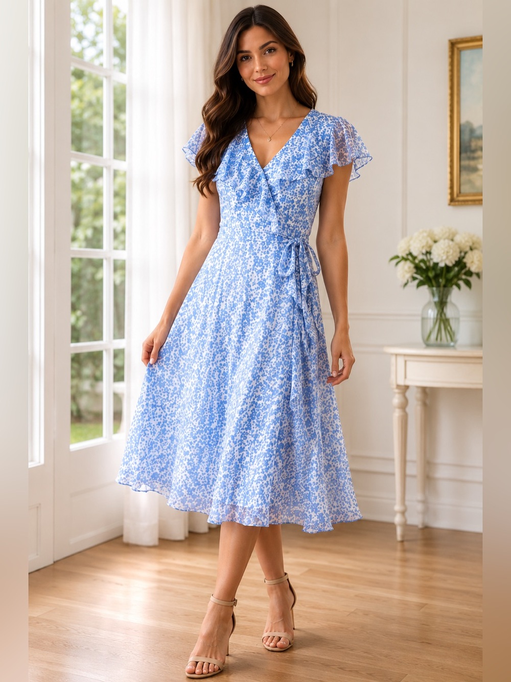 🌺 Tommy Hilfiger Blue Floral Chiffon Ruffle Midi Dress Size 2 XS